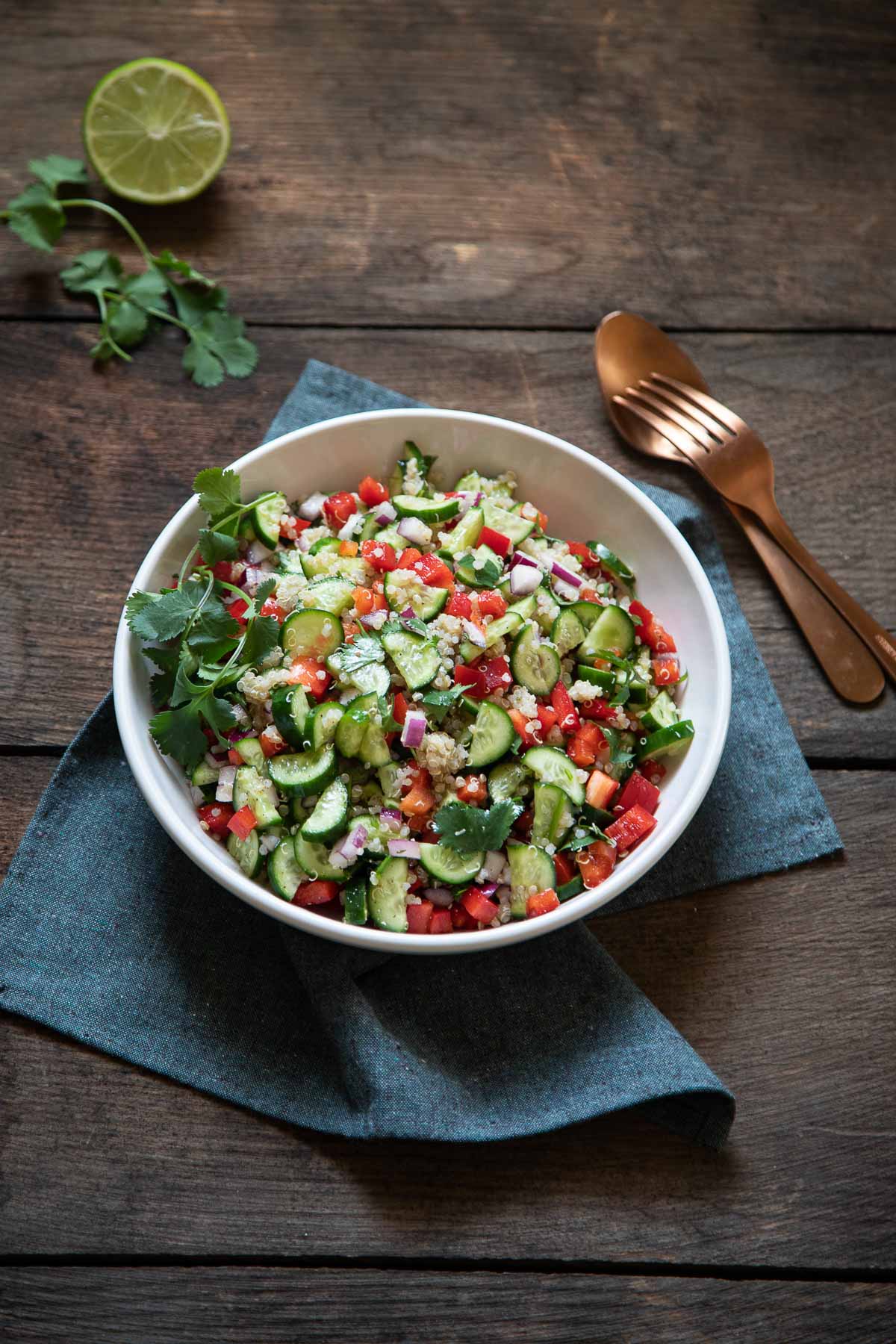 Mediterranean Cucumber Salad in Bowl on Blue Napkin