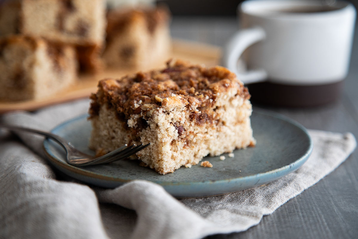 piece of betty crocker coffee cake on blue plate