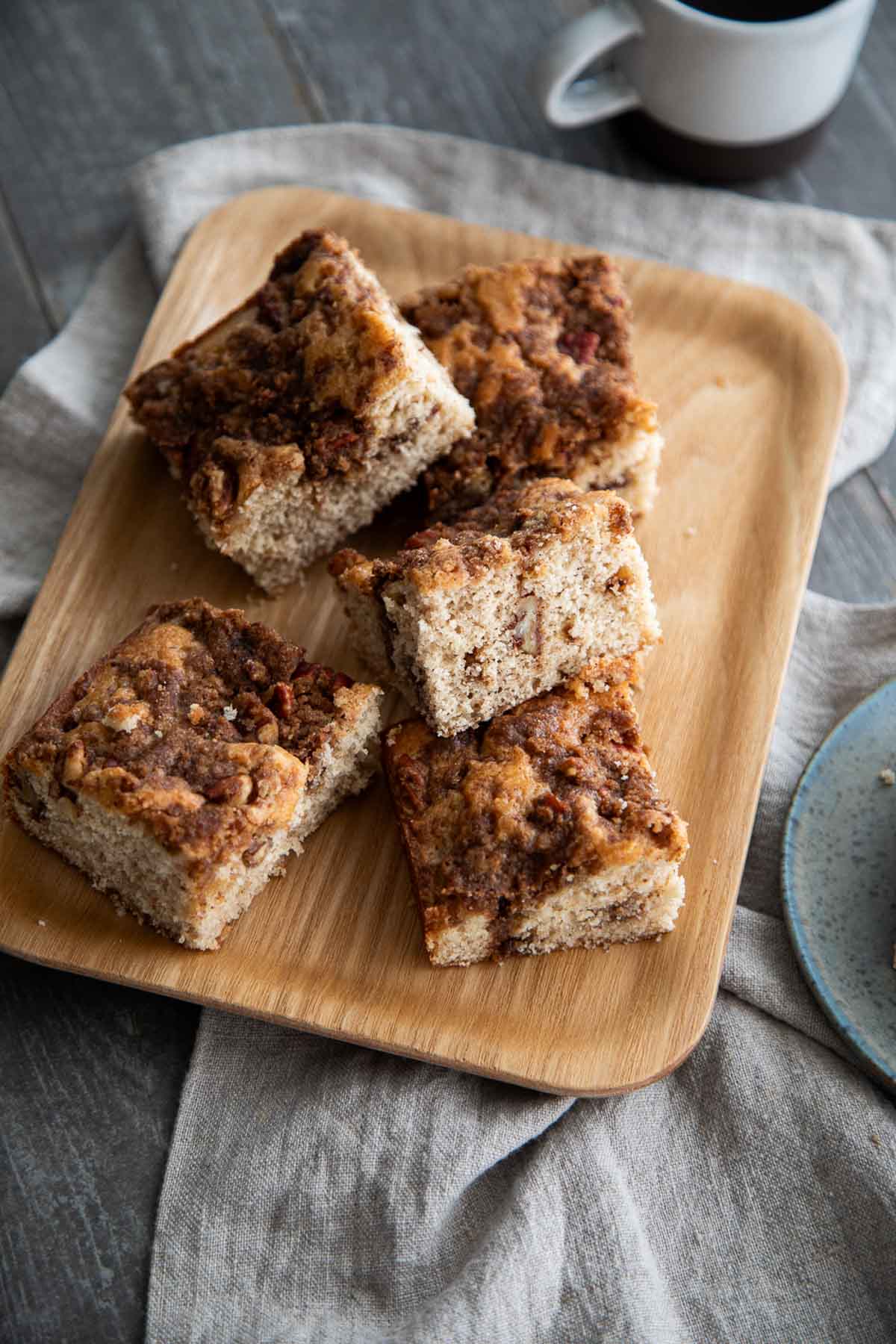 pieces of betty crocker coffee cake on wood platter