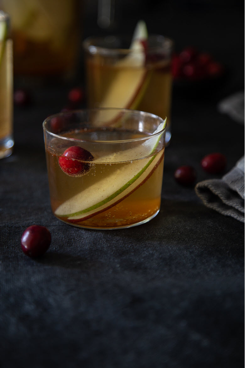 White Wine Winter Sangria w. Apples, Pears, + Cranberries