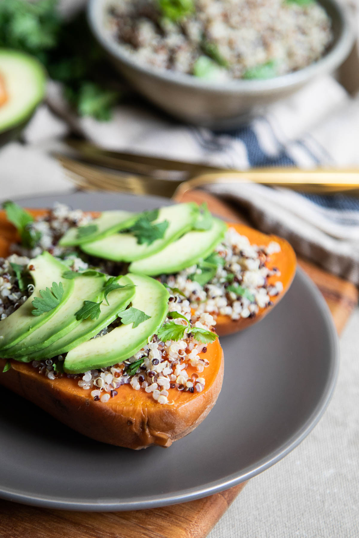 Quinoa Stuffed Sweet Potatoes with Avocado Slices