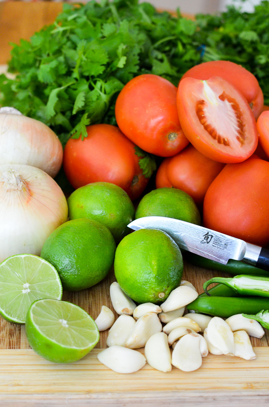Homemade Salsa Ingredients with smalling chopping knife