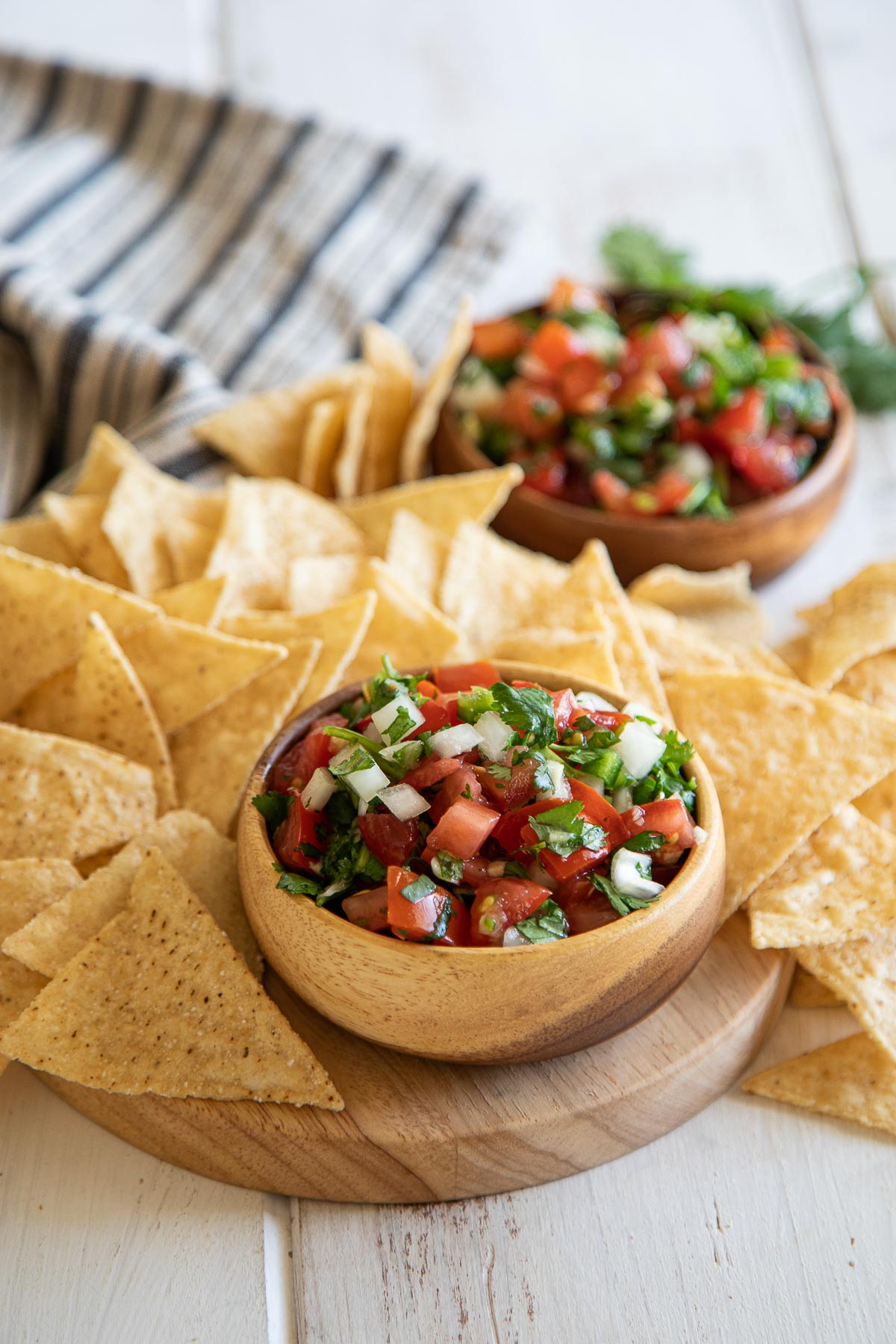 Homemade Pico de Gallo in Small Wooden Bowl with Chips