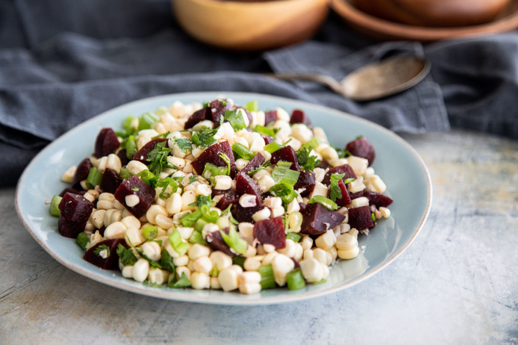 Fresh Beet and Sweet Corn Salad with Green Onion Toppings
