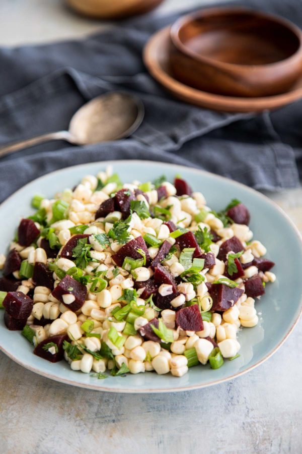 Fresh Beet and Sweet Corn Salad with Green Onion Toppings