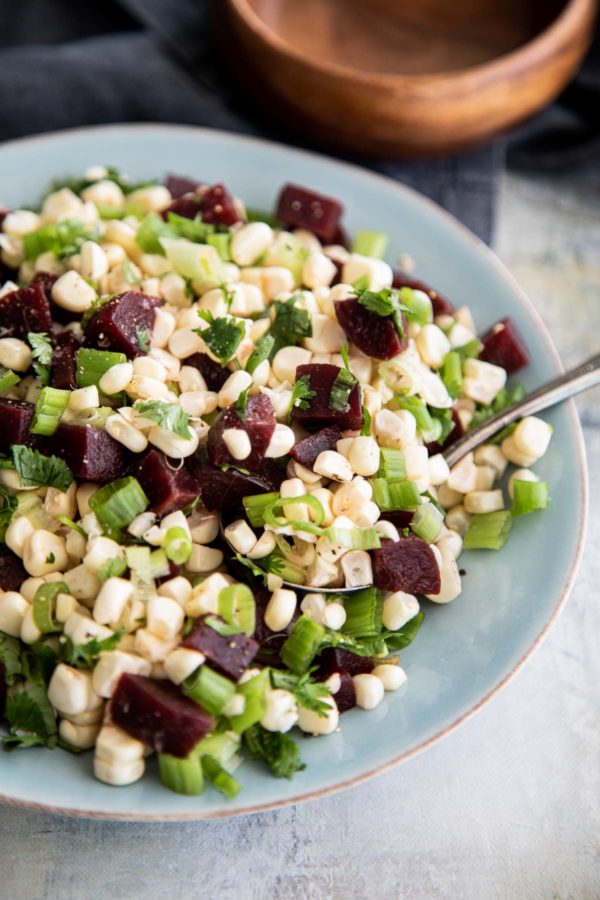 Fresh Beet and Sweet Corn Salad with Green Onion Toppings
