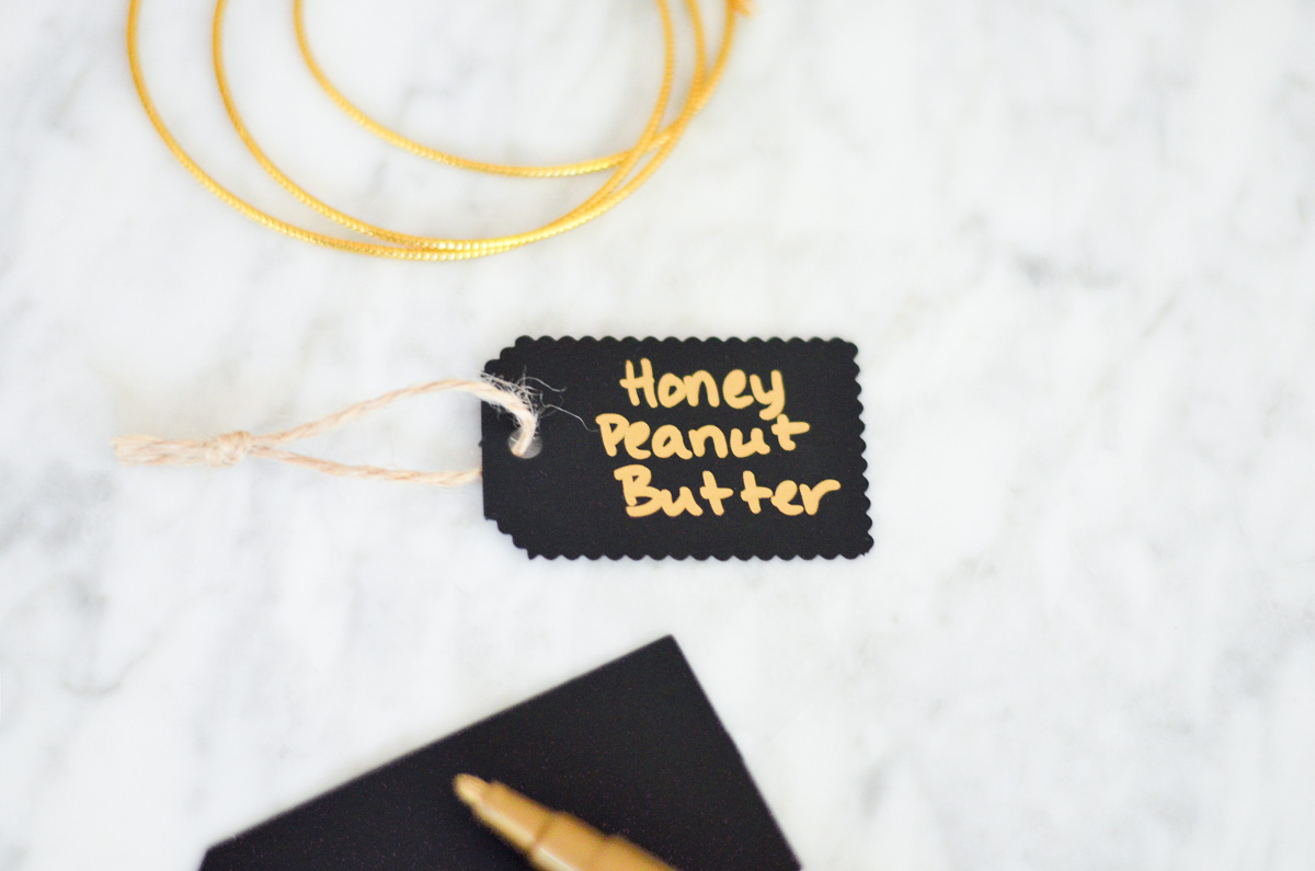 Gold Marker on Black Tag, "Honey Peanut Butter"