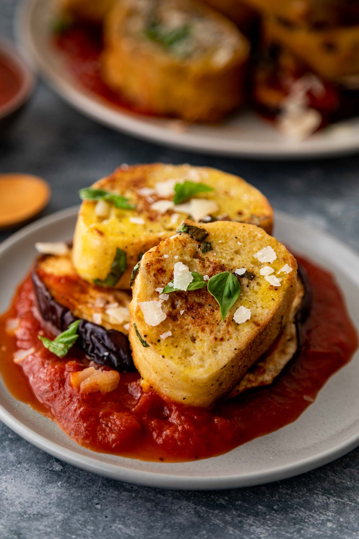 Savory French Toast atop Roasted Eggplant Slice - Single Serving