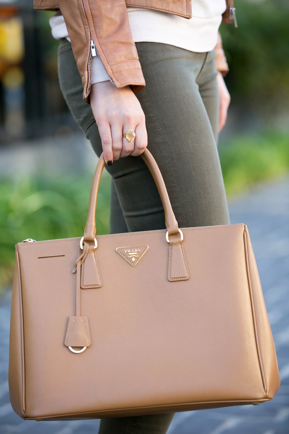 Tan Leather Bod & Christensen Jacket + Caramelo Prada Saffiano Tote Outfit