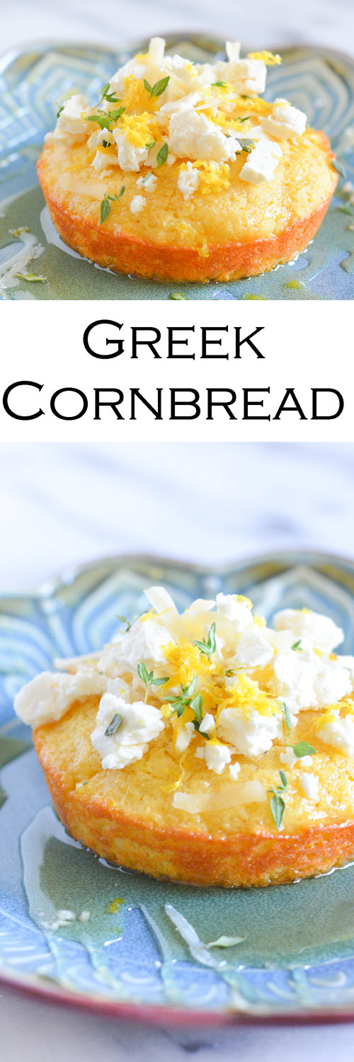 Greek Cornbread w. Honey, Feta, + Lemon. A fun twist on an easy cornbread recipe. This savory cornbread is a delight!