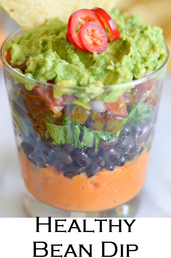 Healthy Dip. This easy and delicious 7 Layer Bean Dip with Sweet Potato puree is a healthy, delicious, and vegan appetizer great for game day as well as being a healthy Cinco de Mayo appetizer or side dish.