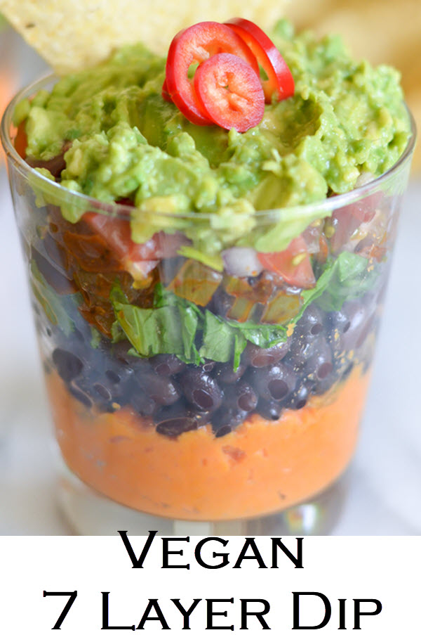 Vegan 7 Layer Dip. This easy and delicious 7 Layer Bean Dip with Sweet Potato puree is a healthy, delicious, and vegan appetizer great for game day as well as being a healthy Cinco de Mayo appetizer or side dish.