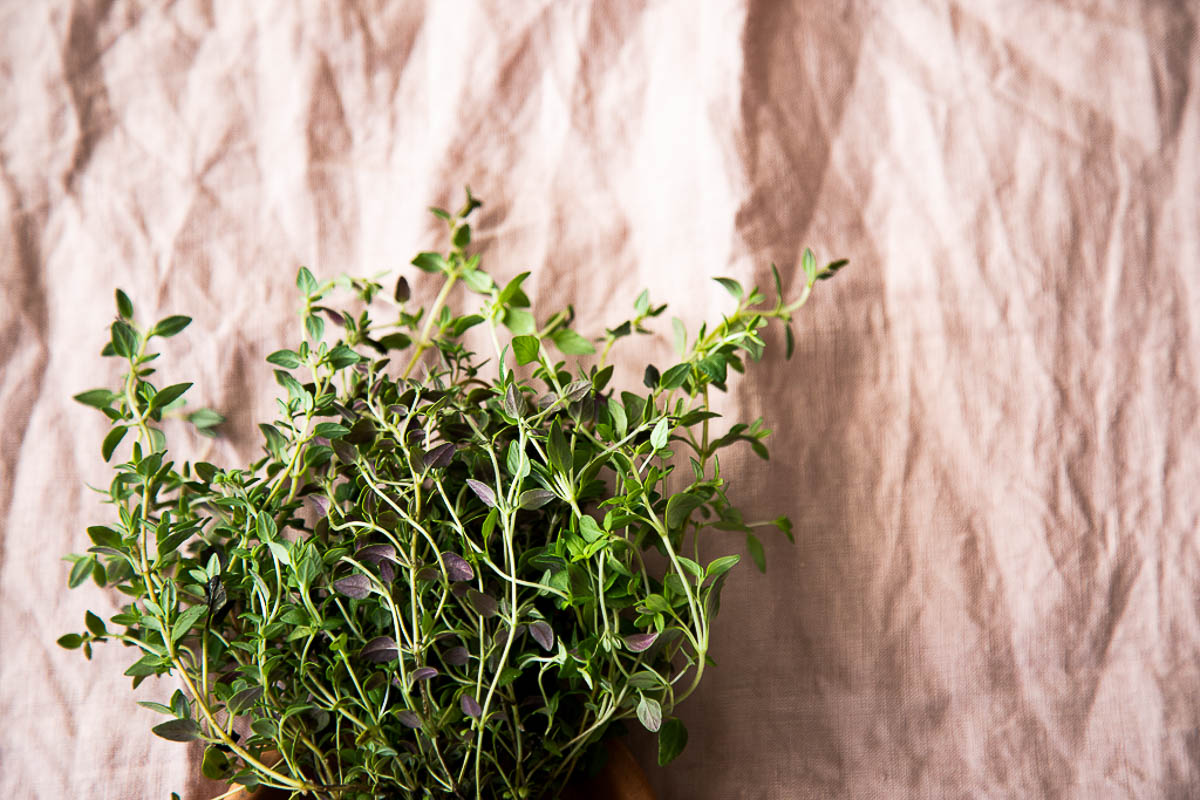 fresh thyme on pink napkin