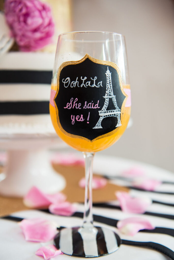 French-Themed Bridal Shower - The Container Store - Personalized glass for Bride