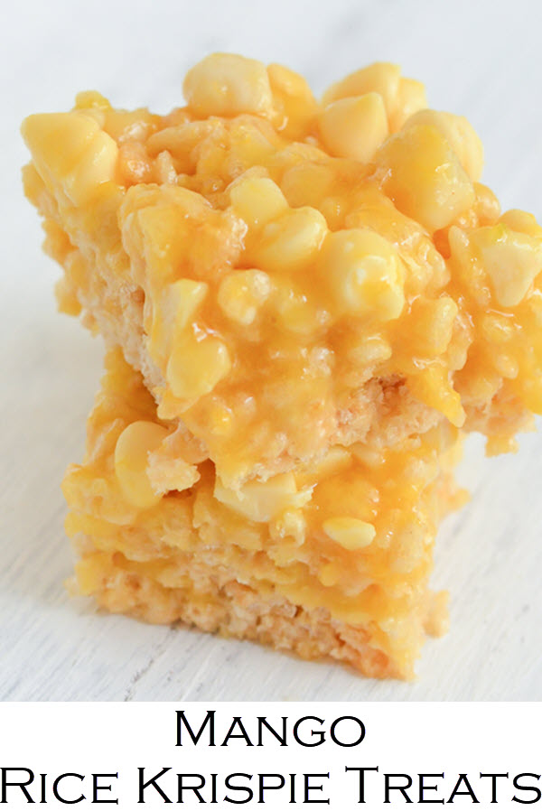 Tropical Rice Krispie Treats. These mango rice krispie treats are filled with white chocolate macadamia nut flavors and topped with a fresh mango glaze. A tropical dessert everyone will love!