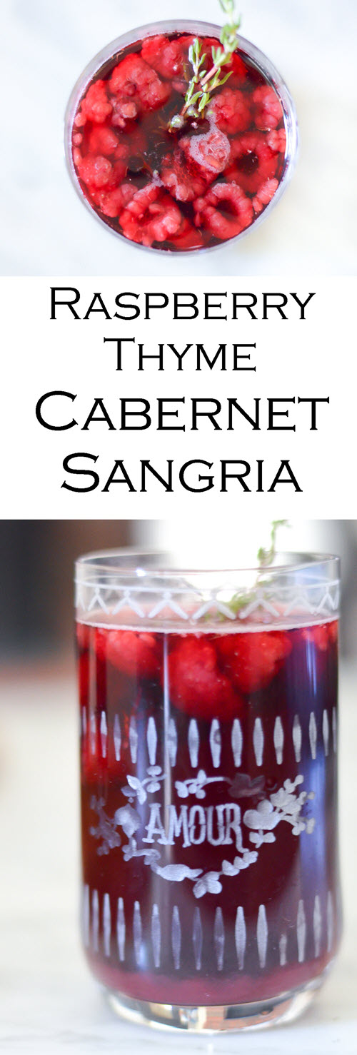 Raspberry Thyme Cabernet Sangria. A delicious year round red wine sangria with frozen or fresh raspberries. This cabernet sangria recipe is easy and delicious.