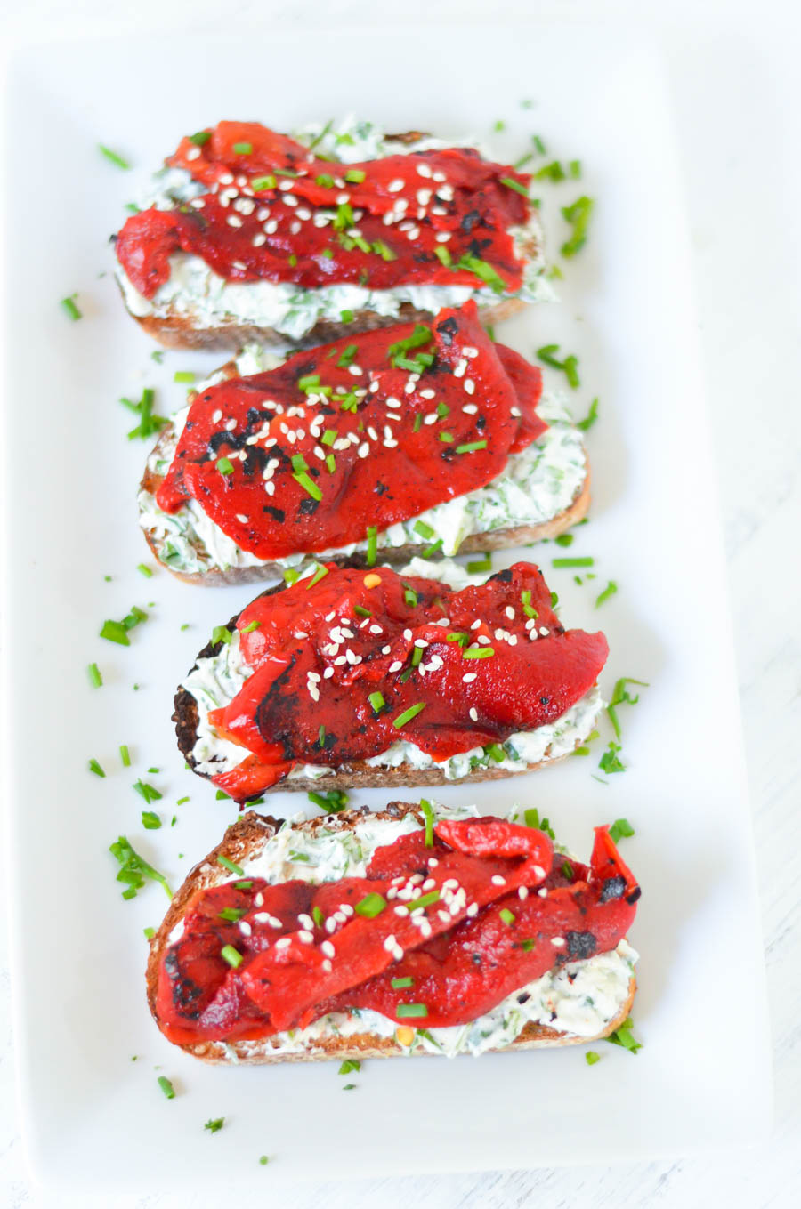 Fire Roasted Bell Pepper Toast w. Herbed Goat Cheese