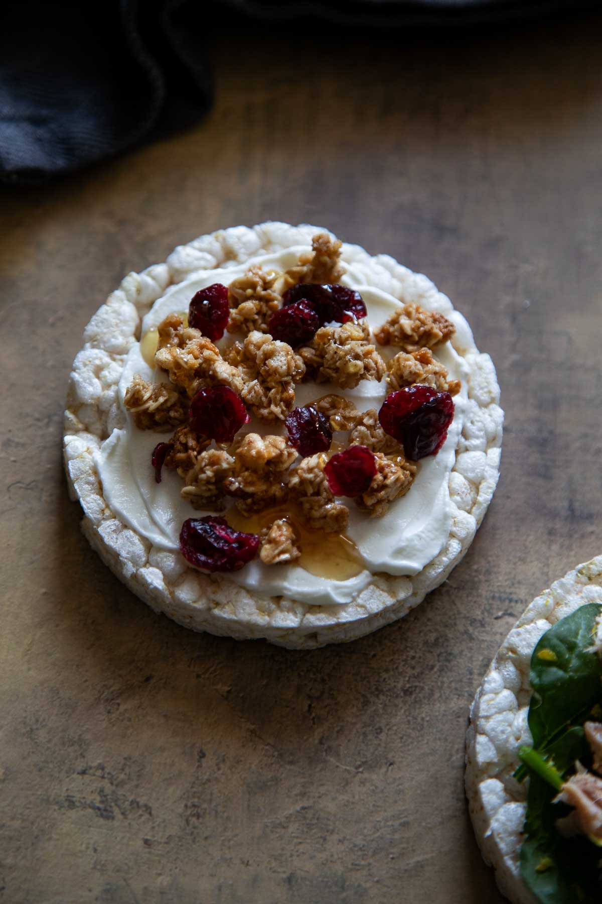 Yogurt, Granola, and Dried fruit on rice cake -  Rice Cake Toppings