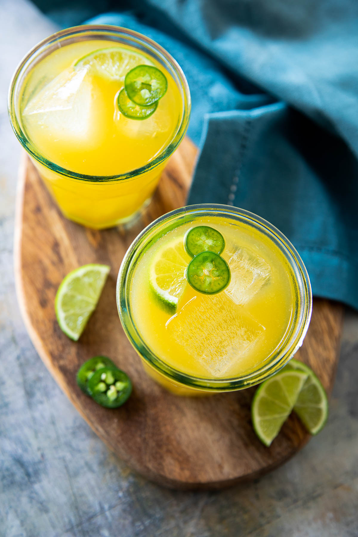 Top Down Mango Margaritas on the Rocks in Small Clear Glasses