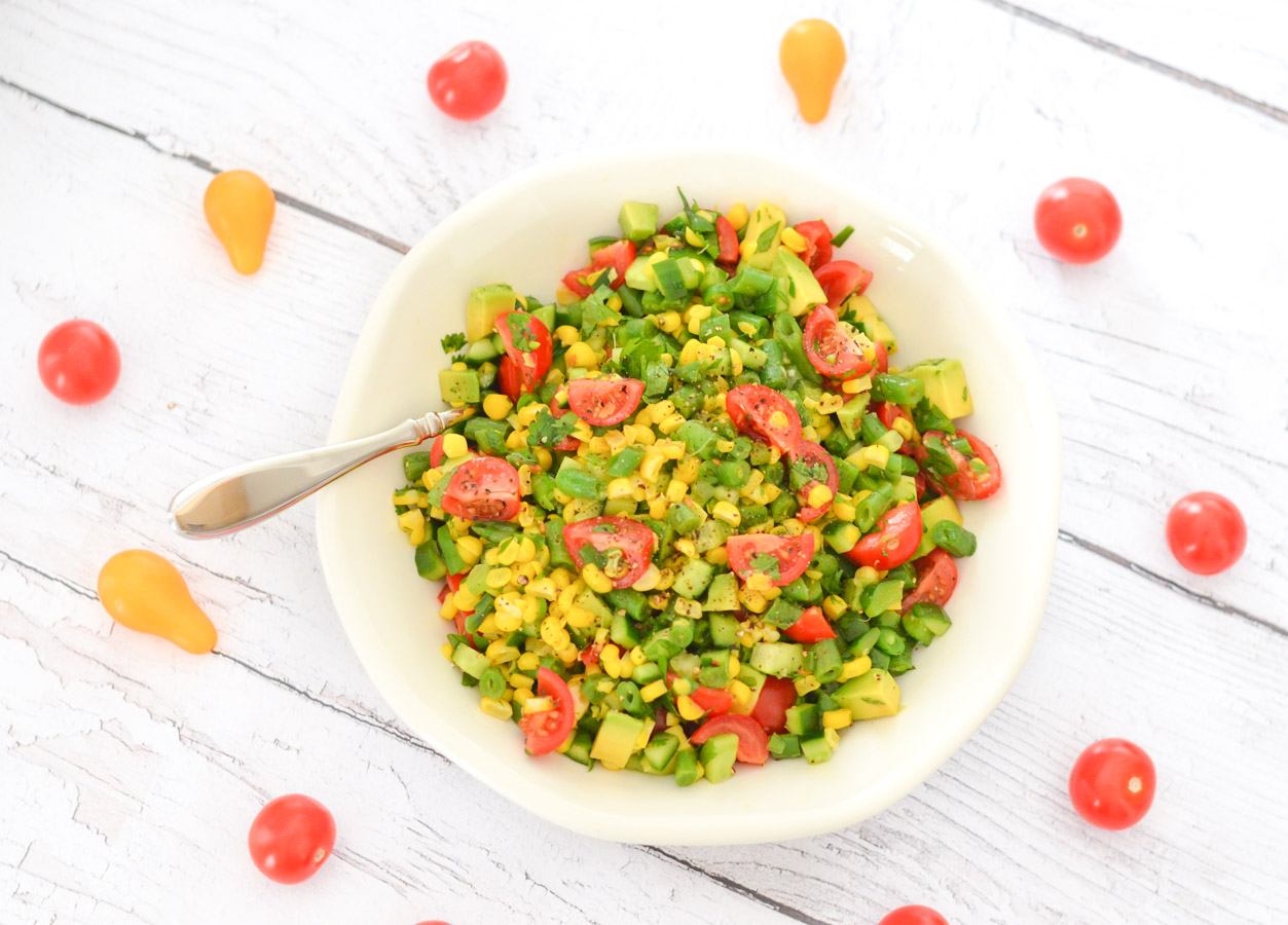 California Avocado Succotash Salad w. Green Beans, Corn, + Tomatoes