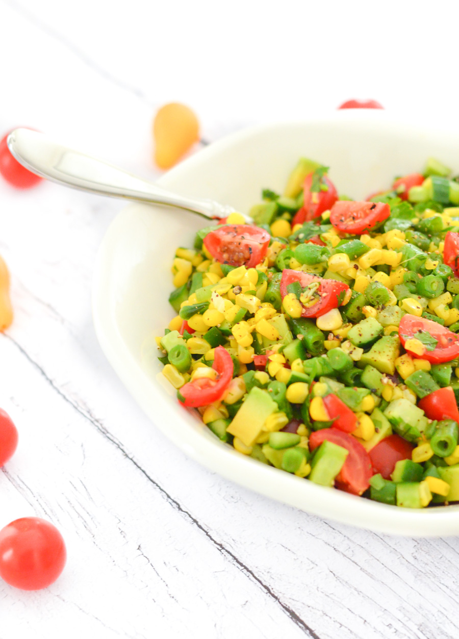 California Avocado Succotash Salad w. Green Beans, Corn, + Tomatoes