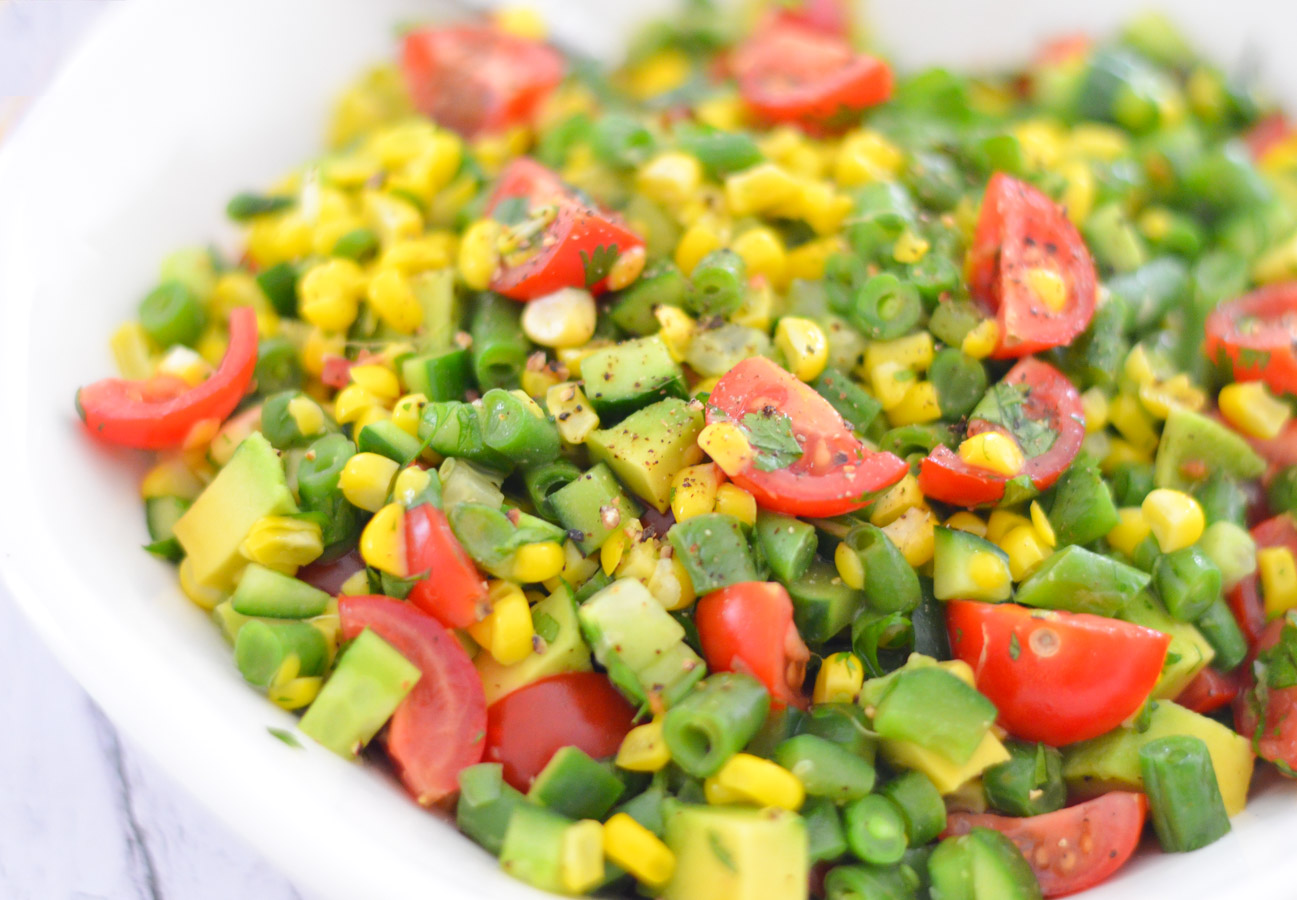 California Avocado Succotash Salad w. Green Beans, Corn, + Tomatoes