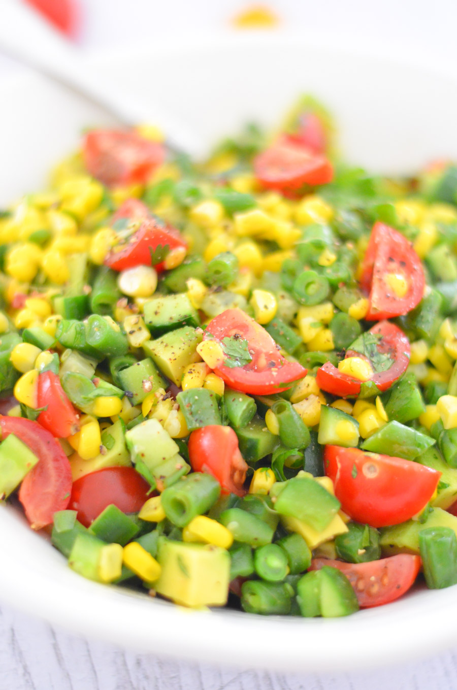 California Avocado Succotash Salad w. Green Beans, Corn, + Tomatoes