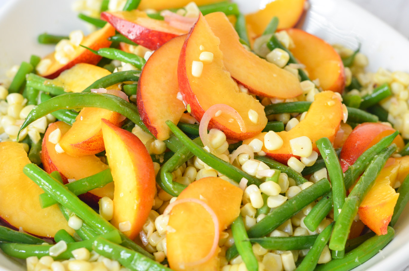Green Bean, Peach Corn Salad with Summer Fruits and Vegetables
