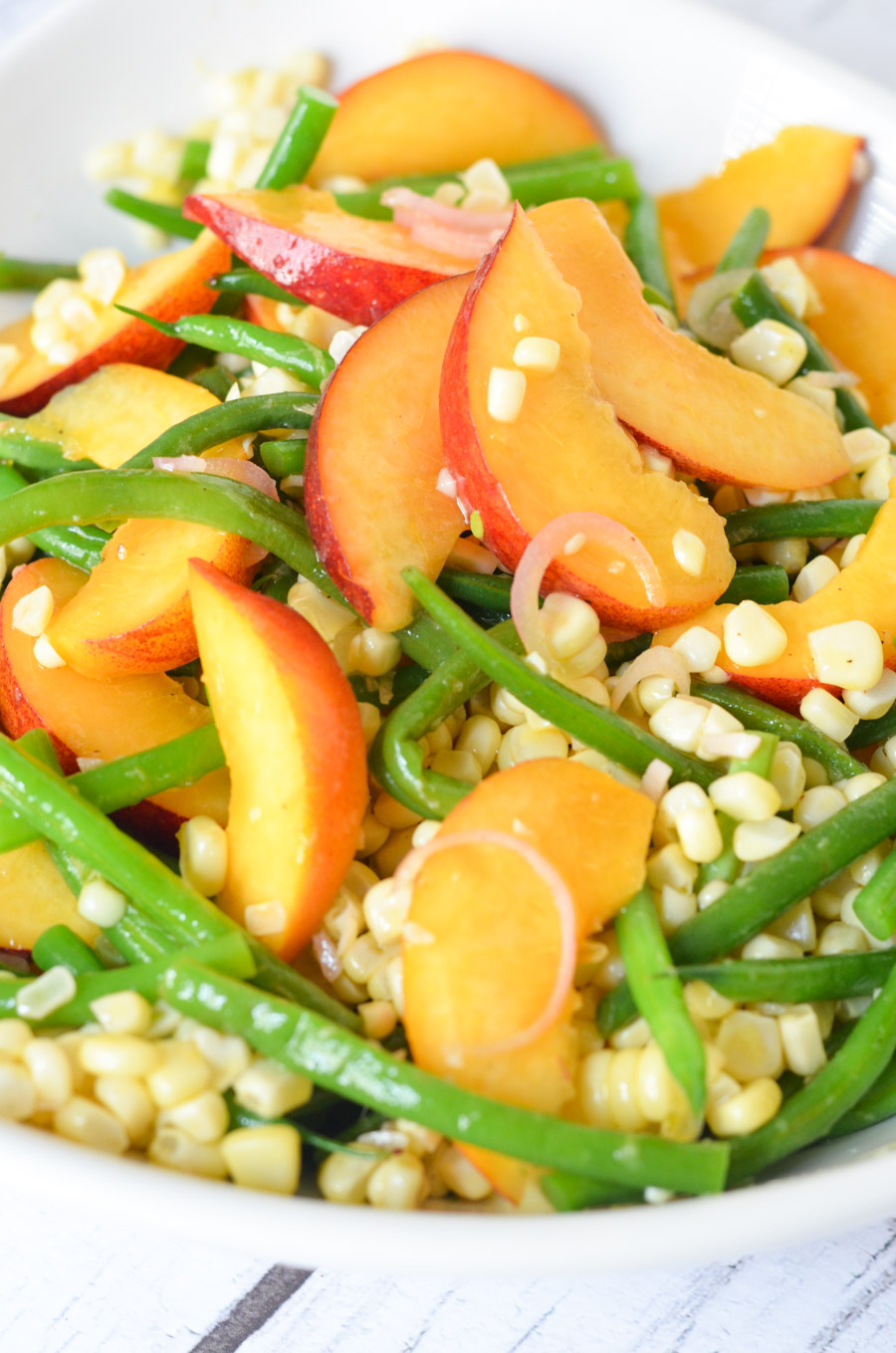 Green Bean, Peach, Corn Salad with Summer Fruits and Vegetables | Summer Produce Recipes