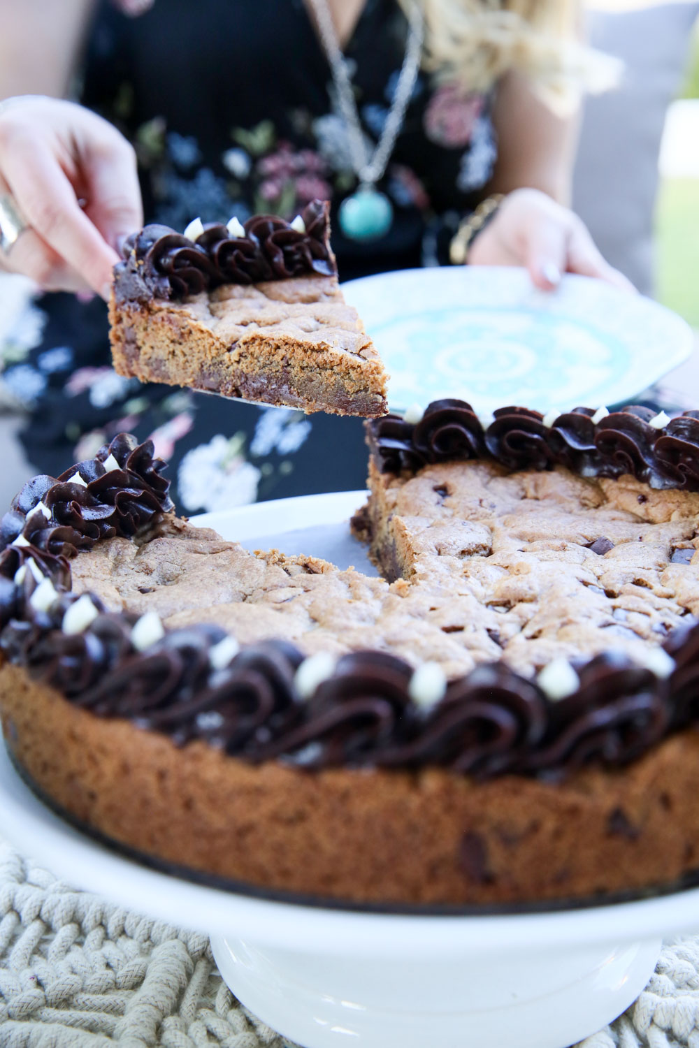 Serving Cookie Cake with Chocolate Frosting
