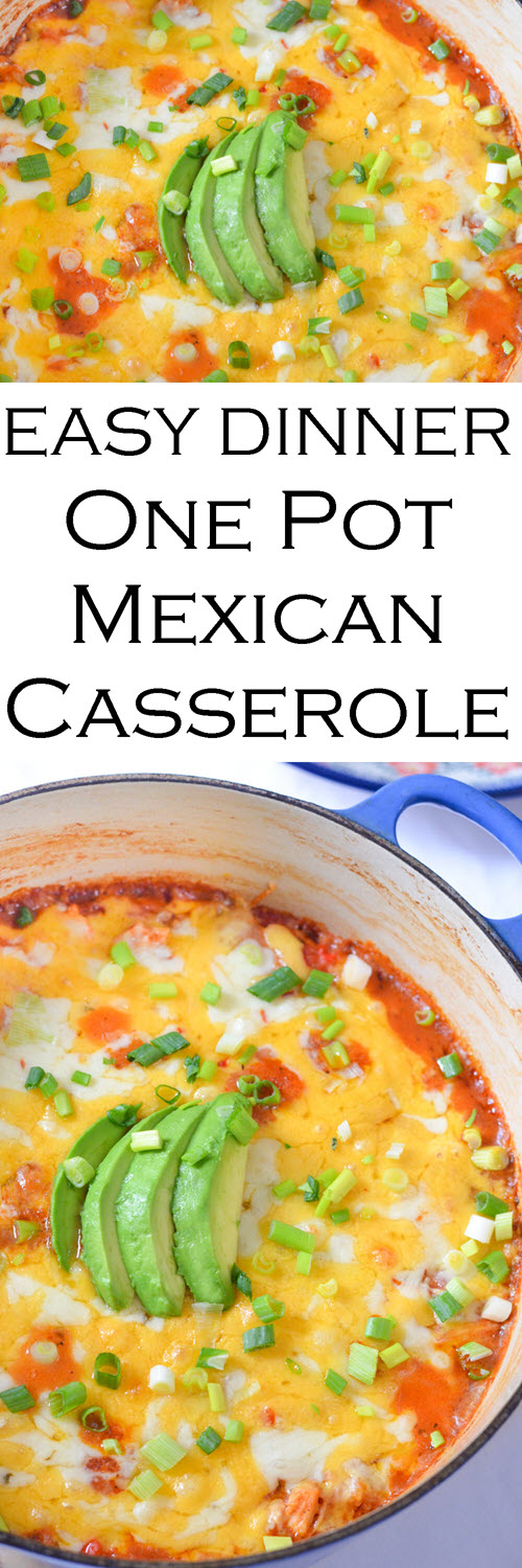 One Pot Mexican Casserole Weeknight Dinner w. Shredded Chicken and Rice/Quinoa. A great weeknight dinner that uses up leftover chicken, rice, and quinoa. #LMrecipes #dinner #dinnerrecipe #onepot #easyrecipe #mexicanfood #casserole #weeknightmeal #foodblog #foodblogger