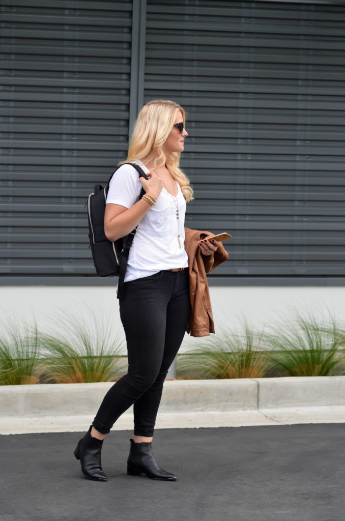 Backpack Outfits for Stylish Women - White T shirt + Black Jeans