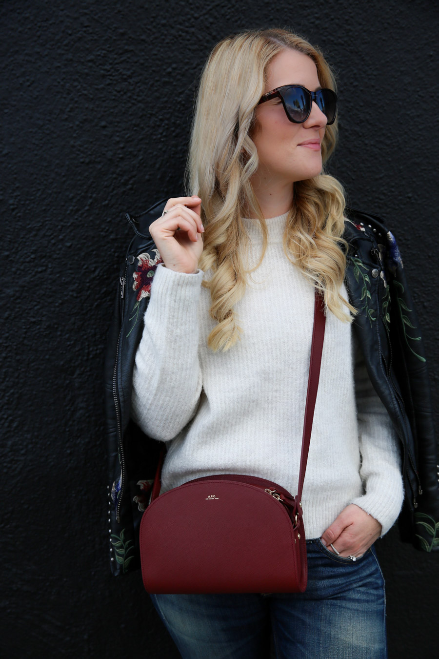 White Sweater & Leather Jacket with APC Crossbody