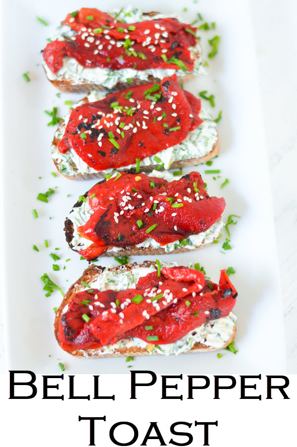Goat Cheese Crostinis topped with fire roasted bell peppers. This delicious Bell Pepper Toast appetizer recipe is perfect year round. Whether you use store bought or homemade roasted bell peppers, this vibrant appetizer is perfect in spring, summer, winter, and fall. Goat cheese and pepper toasts are easy and delicious.