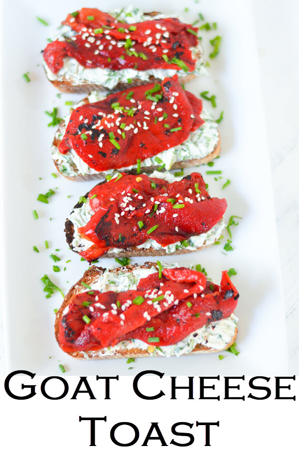 Goat Cheese Crostinis topped with fire roasted bell peppers. This delicious appetizer recipe is perfect year round. Whether you use store bought or homemade roasted bell peppers, this vibrant appetizer is perfect in spring, summer, winter, and fall. Goat cheese and pepper toasts are easy and delicious.