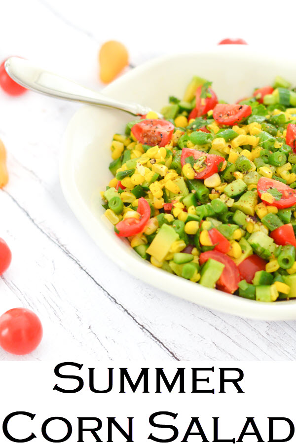 Summer Corn Salad. California Succotash Salad. Delicious Summer Vegetable recipe with Green Beans, Corn, Avocado, Cucumber, Tomatoes. A healthy, vegan recipe everyone will love.