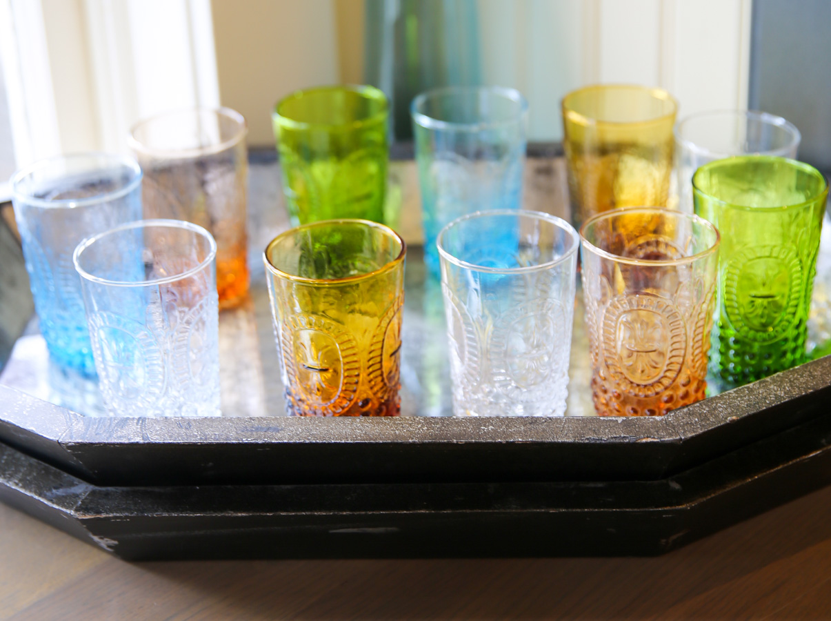 Tray with Vintage Water Glasses in Various Colors