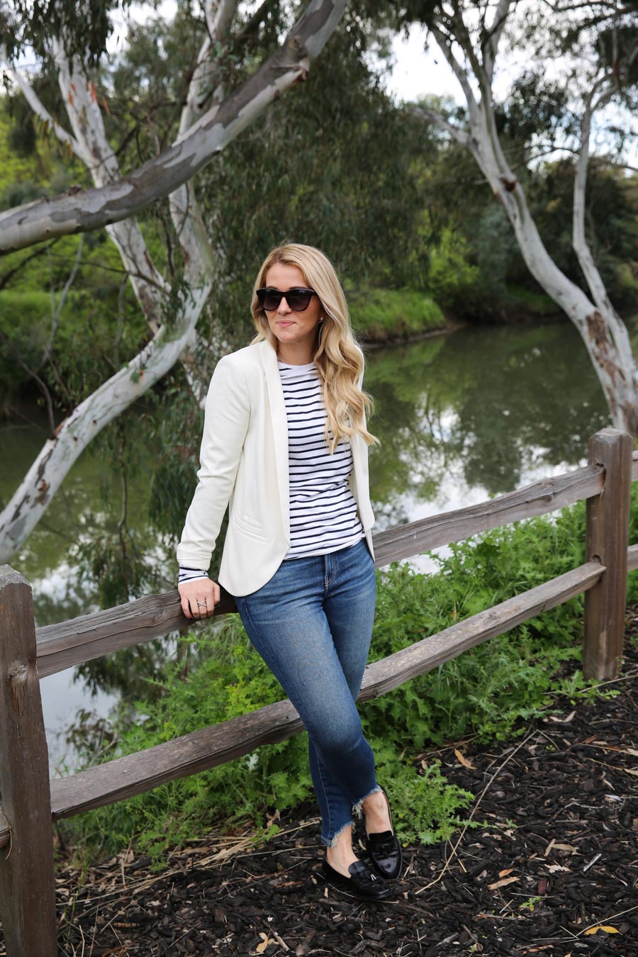 Striped Shirt + Jeans Outfit with White Blazer