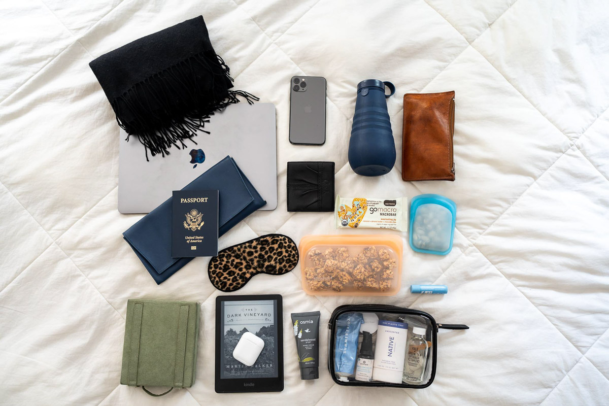 Flatlay of What to Pack in International Carryon