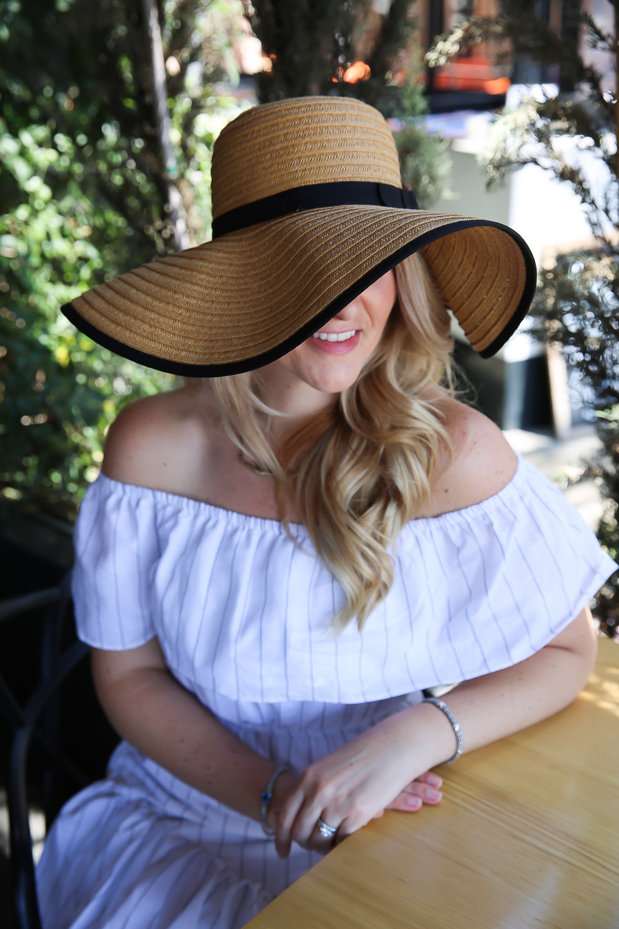 White, Off the Shoulder Dress with Floppy Hat