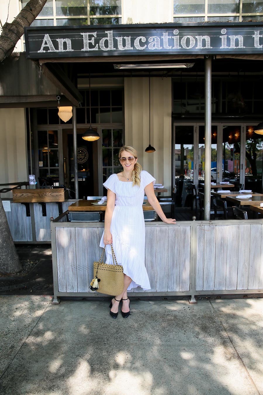 White, Off the Shoulder Dress with Floppy Hat