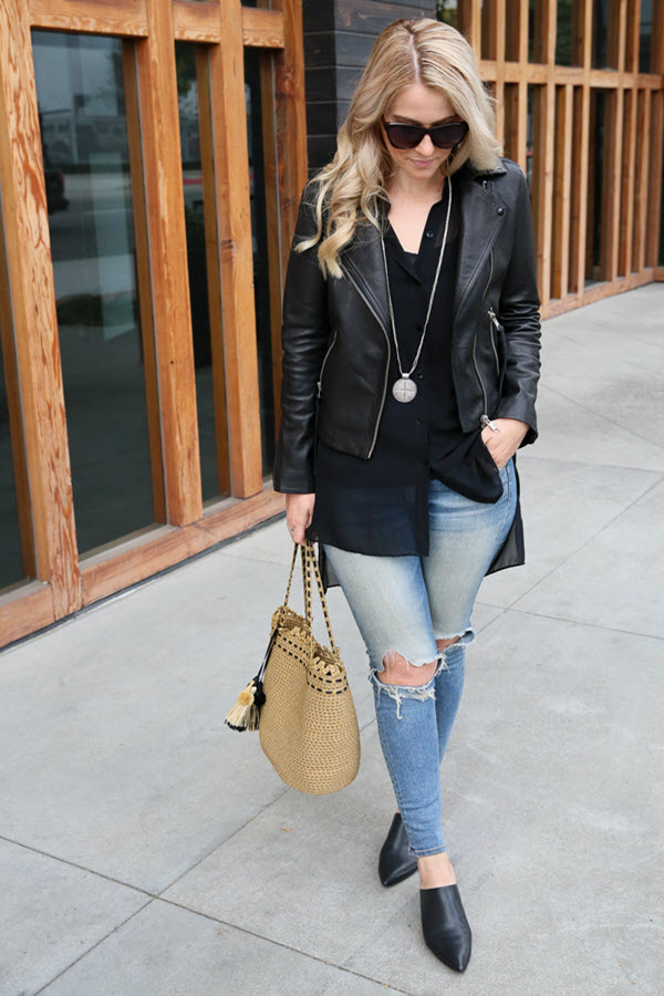 How to Wear Long Shirts w. Leather Jacket and Jeans - AGL Black Mule Slides. All Saints black leather jacket with Rag & Bone distressed skinny jeans. A great <a href=