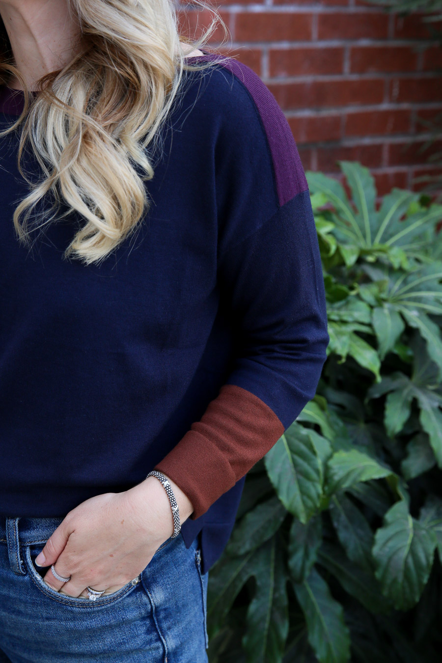 Color Block Sweater Outfit with Jeans