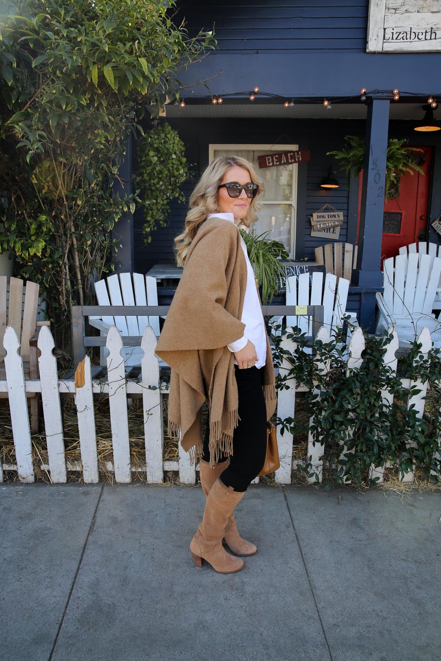Tan Cape Outfit Idea with Boots + Button Down Shirt