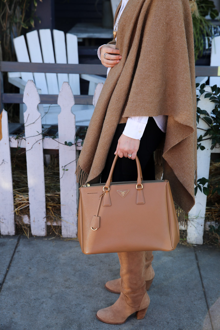 Tan Cape Outfit Idea with Boots + Button Down Shirt