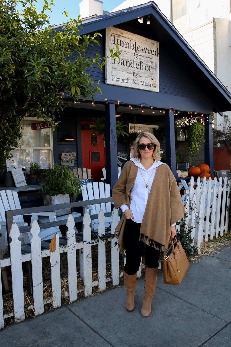 Tan Cape Outfit Idea with Boots + Button Down Shirt