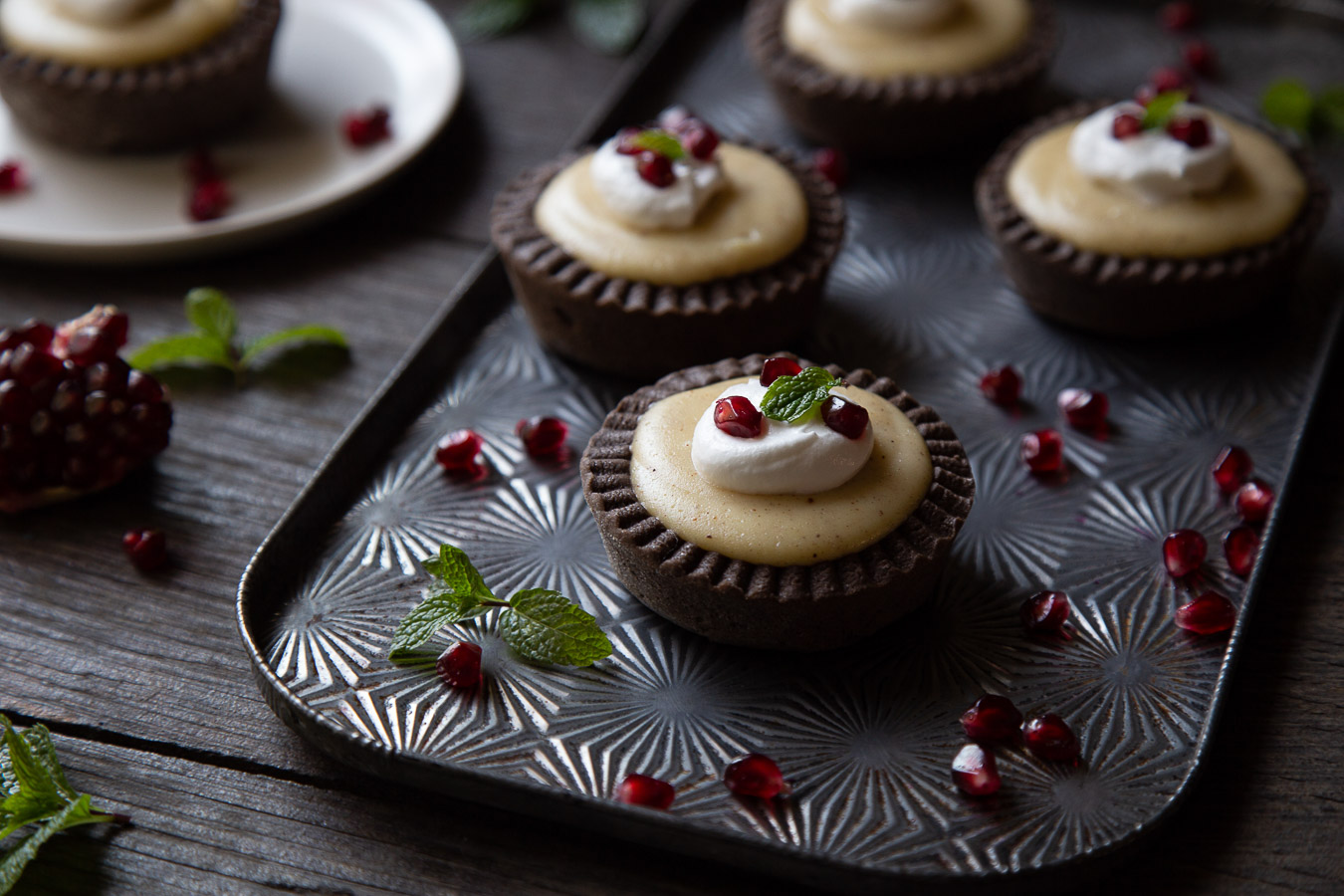 Mini Christmas Tarts with Spiced Custard and Pomegranate Seeds