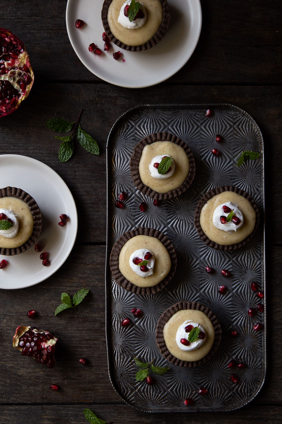 Mini Christmas Tarts with Spiced Custard and Pomegranate Seeds