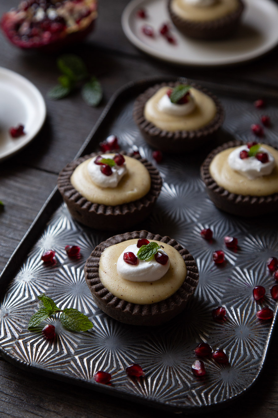 Mini Christmas Tarts with Spiced Custard and Pomegranate Seeds
