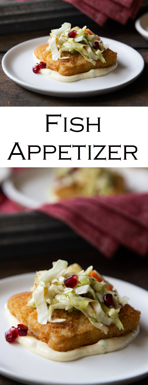 Fish Starter with Winter Slaw. Great for any occasion, this easy fish fillet appetizer comes together quickly and is beautiful to present. It's the perfect Christmas Appetizer full of festive colors and seasonal flavors (fresh orange and pomegranate seeds/arils recipe). #Christmas #christmasrecipes #appetizers #fish #fishrecipes #starters #friedfish #holidayparty